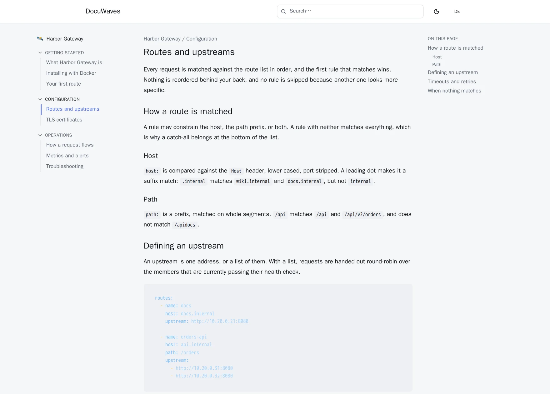 A published DocuWaves page. A left sidebar lists the project's categories with the current page highlighted; the article fills the centre with headings, inline code and a syntax-highlighted YAML block; an 'On this page' column sits on the right. The header carries the site name, a search box, a theme toggle and a language switcher.